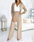 2 Pieces Outfit Metal Chain Decor Overlap V-Neck Ruched Cap Sleeve Zipper Side Elastic Back Waist Jumpsuit and Open Front Three Quarters Crop Coat Set khaki
