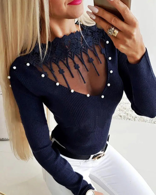 Pearls Decor Boat Neck Crochet Lace Trim Sheer Mesh Spliced Sweater Slim Fit Knit Top blue