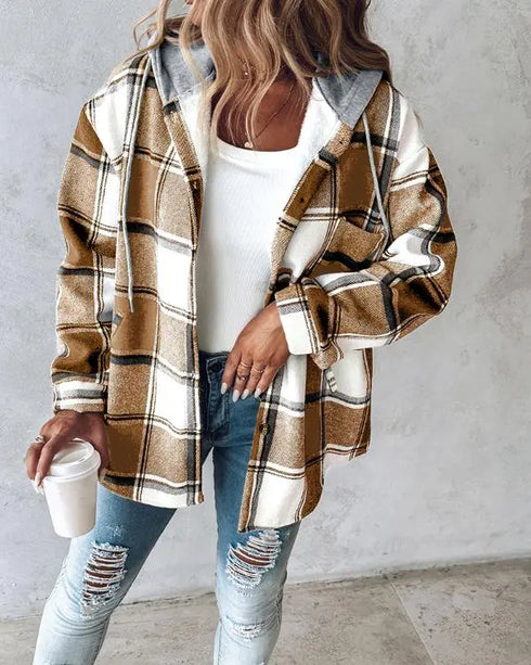 Plaid Print Button Front Pocket Design Drawstring Hoodie Jacket Casual Asymmetrical Hem Thermal Lined Warm Coat khaki