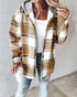 Plaid Print Long Sleeve Button Front Drawstring Hoodie Coat Casual Pocket Design Thermal Lined Shirt Coat khaki
