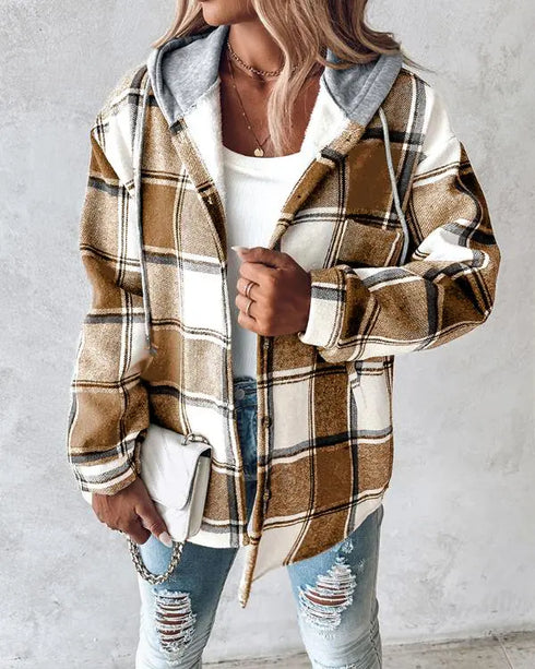 Plaid Print Long Sleeve Button Front Drawstring Hoodie Coat Casual Pocket Design Thermal Lined Shirt Coat khaki