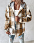 Plaid Print Long Sleeve Button Front Drawstring Hoodie Coat Casual Pocket Design Thermal Lined Shirt Coat khaki