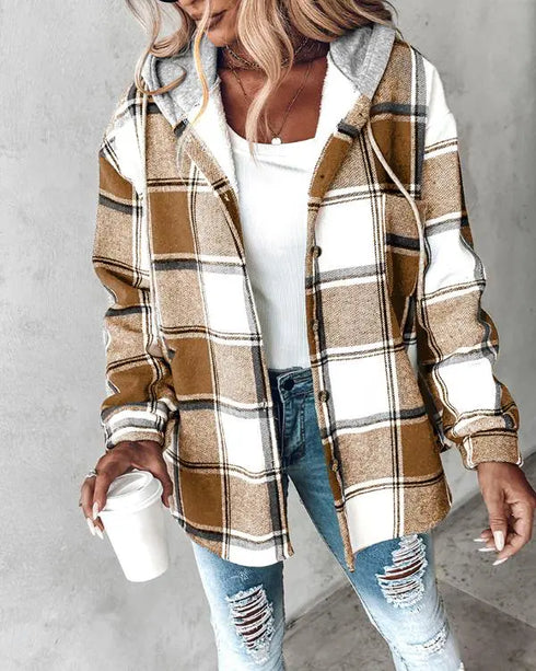 Plaid Print Button Front Pocket Design Drawstring Hoodie Jacket Casual Asymmetrical Hem Thermal Lined Warm Coat khaki