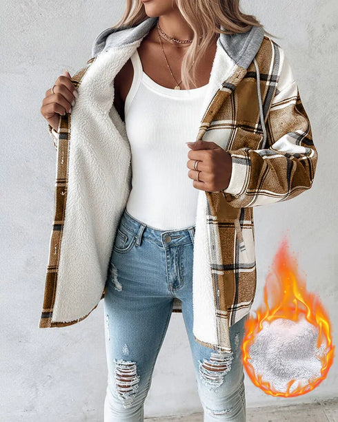 Plaid Print Long Sleeve Button Front Drawstring Hoodie Jacket Casual Pocket Design Thermal Lined Warm Coat khaki