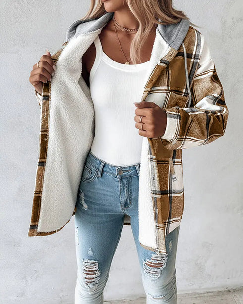 Plaid Print Long Sleeve Button Front Drawstring Hoodie Coat Casual Pocket Design Thermal Lined Shirt Coat khaki