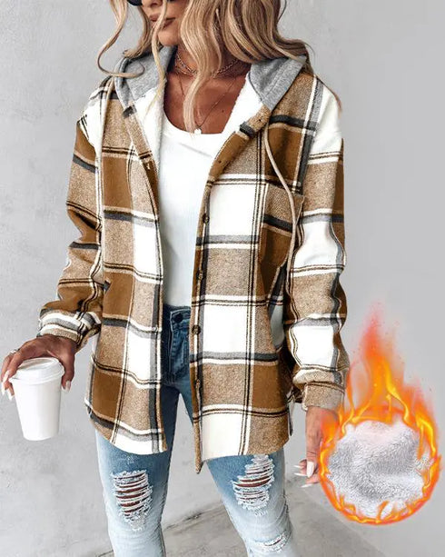 Plaid Print Button Front Pocket Design Drawstring Hoodie Jacket Casual Asymmetrical Hem Thermal Lined Warm Coat khaki