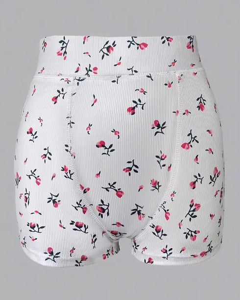 2 Pieces Outfit Floral Print U-Neck Tank Top and Elastic Waist Shorts Set Slim Fit Ribbed Set white