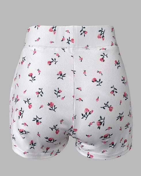 2 Pieces Outfit Floral Print U-Neck Tank Top and Elastic Waist Shorts Set Slim Fit Ribbed Set white