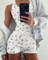2 Pieces Outfit Heart Print U Neck Sleeveless Tank Top and Casual Strechy Waist Shorts Set Slim Fit Ribbed Pajamas Set white