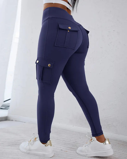 Butt Lifting Leggings with Flap Pockets High Waist Tummy Control Workout Cargo Pants dark blue