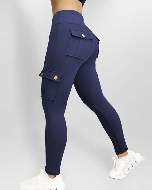 Zipper Pocket Slim Fit Yoga Pants Casual High Waist Workout Pants dark blue