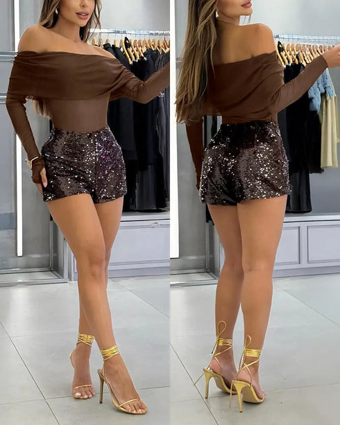 Allover Sequin Solid Zipper Side Fashion Versatile Shorts brown