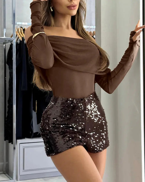 Allover Sequin Solid Zipper Side Fashion Versatile Shorts brown