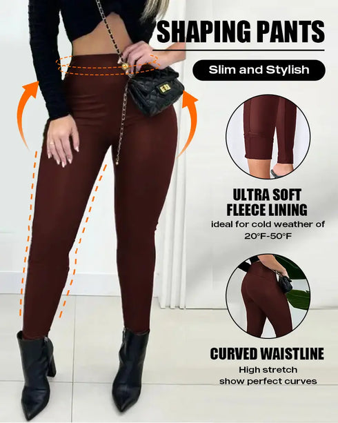 ChicMe CurveEase PU Leather Leggings High Waist Curved Fleece Lined Tights Casual Pants Wine red