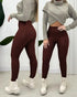 ChicMe CurveEase PU Leather Leggings High Waist Curved Fleece Lined Tights Casual Pants Wine red