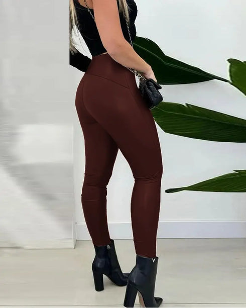 ChicMe CurveEase PU Leather Leggings High Waist Curved Fleece Lined Tights Casual Pants Wine red