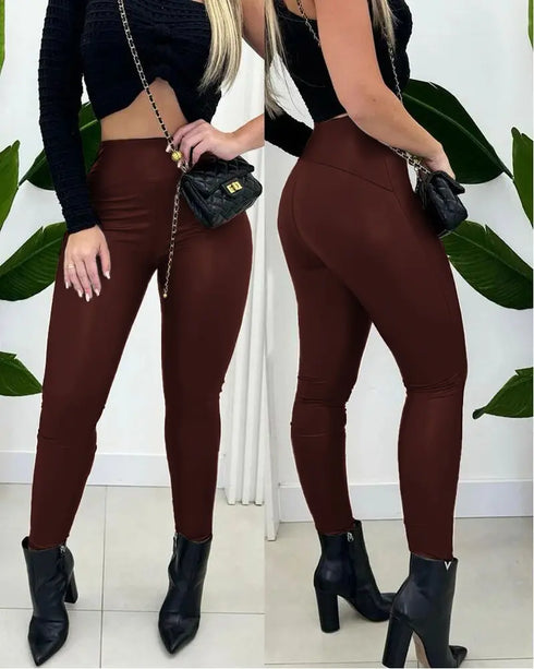 ChicMe CurveEase PU Leather Leggings High Waist Curved Fleece Lined Tights Casual Pants Wine red