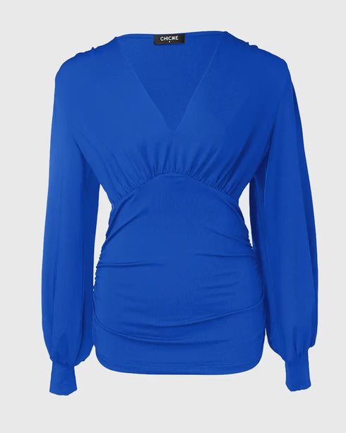 Deep V-Neck Lantern Sleeve Ruched Blouse Casual Slim Fit Top blue