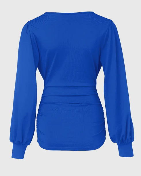 Deep V-Neck Rhinestone Decor Mesh Patchwork Lantern Sleeves Blouse Ruched Slim Fit Top blue