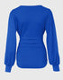 Deep V-Neck Lantern Sleeve Ruched Blouse Casual Slim Fit Top blue