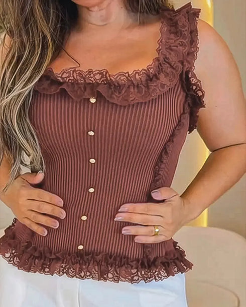 Contrast Lace Sleeveless Square Neck Crop Tank Casual Frill Hem Metal Button Decor Ribbed Knit Top Dark Brown