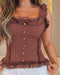 Contrast Lace Sleeveless Square Neck Crop Tank Casual Frill Hem Metal Button Decor Ribbed Knit Top Dark Brown