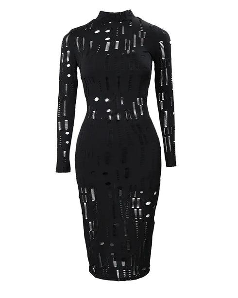 Mock Neck Long Sleeve Hollow Out Bodycon Dress Sexy Party Dress black