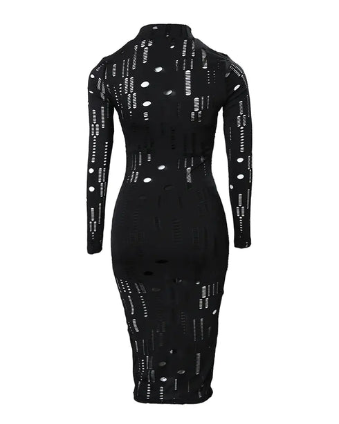 Mock Neck Long Sleeve Hollow Out Bodycon Dress Sexy Party Dress black