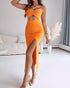 Metal Ring Decor V-Neck Adjustable Spaghetti Straps Bodycon Dress High Slit Hollow-out Evening Dress orange