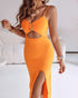 Deep V-Neck Adjustable Spaghetti Straps Hollow-out Slit Slip Dress Slim Fit Vacation Dress orange