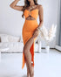 Deep V-Neck Adjustable Spaghetti Straps Hollow-out Slit Slip Dress Slim Fit Vacation Dress orange