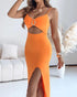 Metal Ring Decor V-Neck Adjustable Spaghetti Straps Bodycon Dress High Slit Hollow-out Evening Dress orange