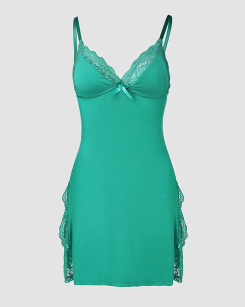 Ribbed V-Neck Spaghetti Strap Contrast Lace Bowknot Decor Mini Sleepdress Slit Nightgown green