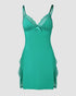 2 Piece Lace Trim Side Slit Bowknot Decor Modal Cami Sleep Dress Cardigan Nightdress Set green