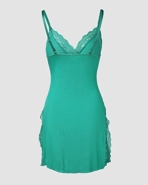 2 Piece Lace Trim Side Slit Bowknot Decor Modal Cami Sleep Dress Cardigan Nightdress Set green