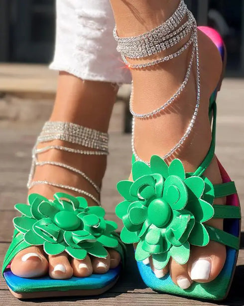 Rainbow Ombre Floral Pattern Slippers green