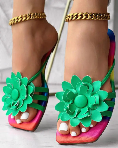 Rainbow Ombre Floral Pattern Slippers green