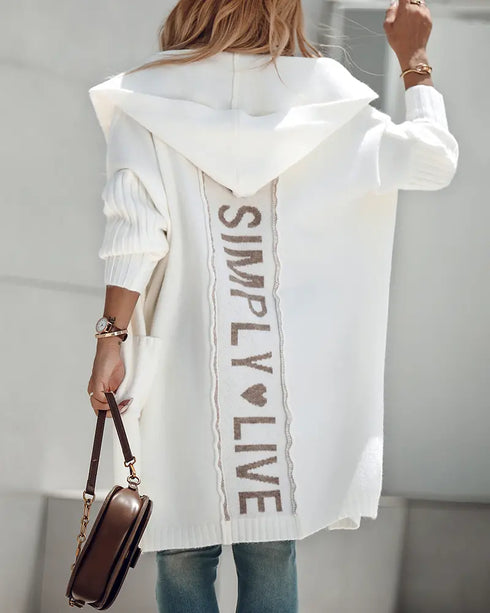 Letter Heart Pattern Long Cardigans Knitted Open Front Oversized Hooded Outerwear Sweater Coat white