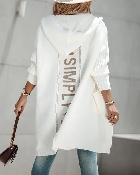 Letter Heart Pattern Long Cardigans Knitted Open Front Oversized Hooded Outerwear Sweater Coat white