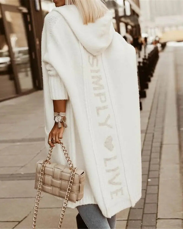 Letter Heart Pattern Long Cardigans Knitted Open Front Oversized Hooded Outerwear Sweater Coat white