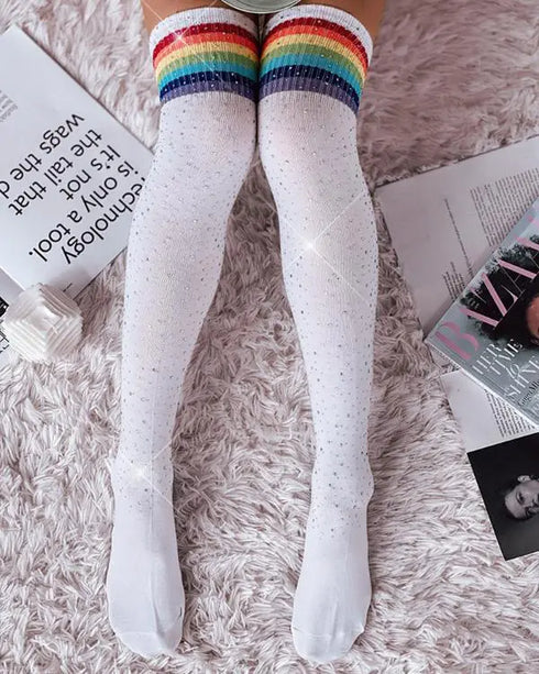 1Pair Christmas Striped Print Rhinestone Decor Long Socks Multicolor