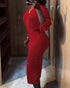 Glitter Rhinestone Lantern Sleeve Plunge V Neck Velvet Dress Elegant Slit Bodycon Midi Dress red