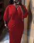 Glitter Rhinestone Lantern Sleeve Plunge V Neck Velvet Dress Elegant Slit Bodycon Midi Dress red