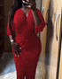 Glitter Rhinestone Lantern Sleeve Plunge V Neck Velvet Dress Elegant Slit Bodycon Midi Dress red
