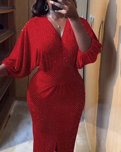 Glitter Rhinestone Lantern Sleeve Plunge V Neck Velvet Dress Elegant Slit Bodycon Midi Dress red