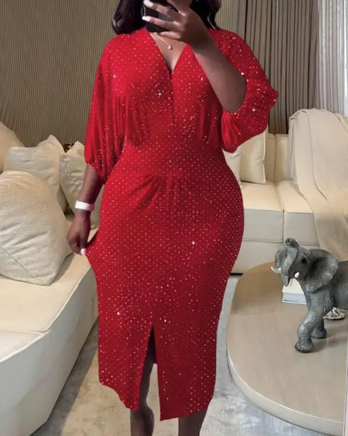 Glitter Rhinestone Lantern Sleeve Plunge V Neck Velvet Dress Elegant Slit Bodycon Midi Dress red