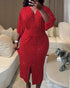 Glitter Rhinestone Lantern Sleeve Plunge V Neck Velvet Dress Elegant Slit Bodycon Midi Dress red