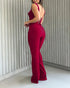Sweetheart Neck Sequin Floral Mesh Sleeves Lace-up Back Jumpsuit Casual Backless Seam Front Flared Jumpsuit red