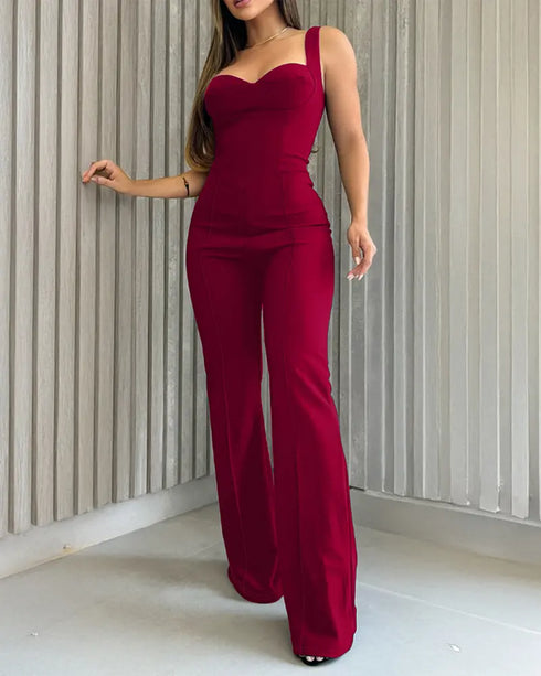 Sweetheart Neck Sequin Floral Mesh Sleeves Lace-up Back Jumpsuit Casual Backless Seam Front Flared Jumpsuit red
