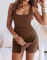 French Style Square Neck Backless Zipper Back Overalls Twist Back Ruched Slim Fit Slit Faux Two-Piece Skort Romper brown